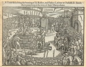 En tabel, der beskriver afbrændingen af biskop Ridley og Fader Latimer i Oxford af English School