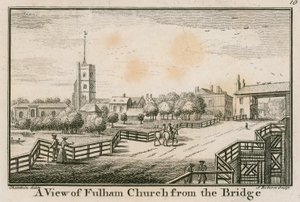 En udsigt over Fulham Church, London, fra Fulham Bridge af English School