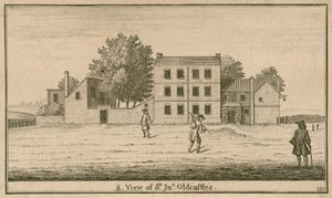 Udsigt over Sir John Oldcastle Tavern and Garden i Cold Bath Fields af English School