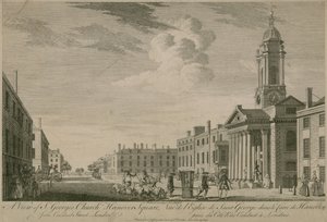En udsigt over St Georges Church, Hanover Square, fra Conduit Street, London