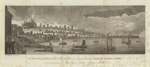 En udsigt over en del af London, som den så ud i den store brand i 1666 af English School