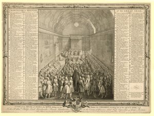 En udsigt over House of Peers, kongen siddende på sin trone, Fællesmødet til stede ved slutningen af sessionen 17412