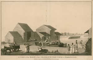 Udsigt over bassinet ved Grand Junction Canal ved Paddington, London af English School