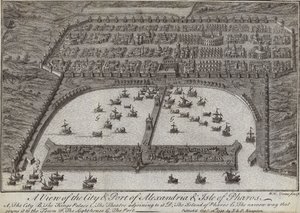 En udsigt over byen og havnen i Alexandria og Isle of Pharos, Egypten, 1738 af English School