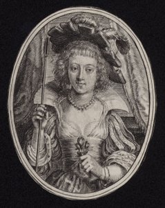 Eine junge Frau mit einem Stab und Blumen