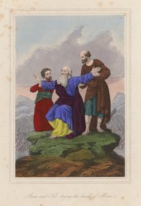 Aron og Hur holder Moses i hånden (koloreret gravering) af English School