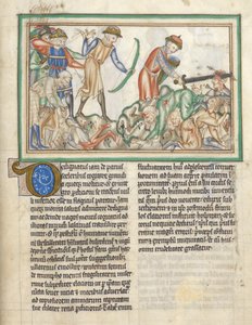 Tilføj 35166 f.35 Mennesker bliver dræbt, bibelske scener fra Johannes-apokalypsen, apokalypse på latin med kommentarer (blæk og farve på pergament) af English School