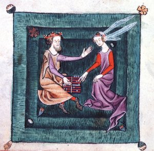 Tilføj 42130 fol.76v En konge og dame, der sidder i en have og spiller et brætspil, der ligner backgammon, fra Luttrell Psalter, der blev påbegyndt før 1340 for Sir Geoffrey Luttrell (vellum) af English School