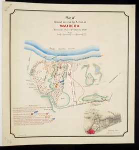 Plan des von der Aktion von Waireka, Taranaki N.Z., am 28. März 1860 bedeckten Bodens von English School