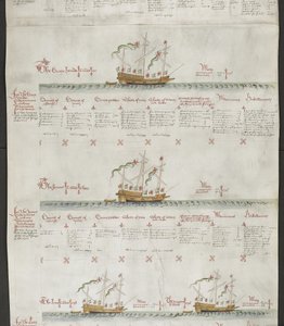 Tilføj MS 22047 f.6r Galeasses: The Greyhound, The Jennet, The Lion and The Dragon, fra 