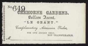 Adgangsbillet til bestigning af ballonen Le Geant fra Cremorne Gardens, London af English School