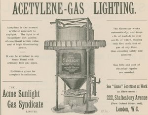 Annonce for acetylen-gas belysning af English School