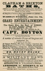 Annonce for Clapham og Brixton Baths, Ferndale Road, Shepherds Lane, Brixton, London; med kaptajn Boyton af English School