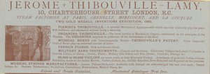 Annonce for Jerome Thibouville-Lamy, 10 Charterhouse Street, London, instrumentmager af English School