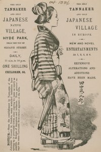 Werbung für die Ausstellung eines Tannaker und japanischen Dorfes im Hyde Park von English School