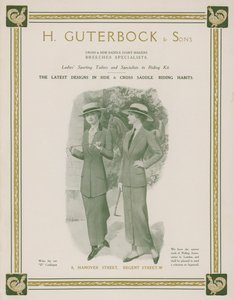 Annonce for H Guterbock & Sons, sportsskræddere til kvinder og specialister i ridesæt (farve litho) af English School