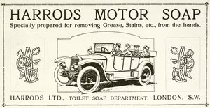 Annonce for Harrods motorsæbe (litho) af English School