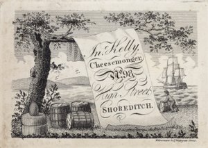 Werbung für John Kelly, Käsehändler, 98 High Street, Shoreditch, London von English School