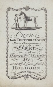 Annonce for Owen, sadelmager og seletøjsmager, London (litografi) af English School
