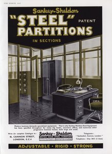 Annonce for Sankey-Sheldon stålskillevægge, 1937 af English School