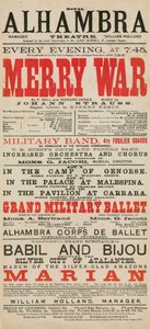 Annonce for Royal Alhambra Theatre, med Merry War af F Bell og Richard Genee med musik af Johann Strauss af English School