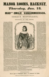 Annonce for udseendet af Mademoiselle Emile Vandermeersch, Oiseaux Merveilleux på Manor Rooms, Hackney, London af English School