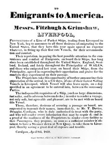 Annonce for pakkeforsendelser til Amerika, 1839 (trykt papir) af English School