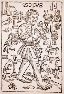 Aesop, frontispice til Aesops Fables af William Caxton (ca. 1422-91), 1434 (sepia foto)