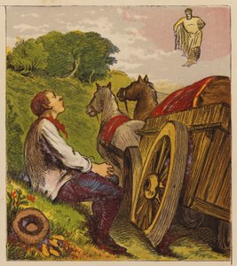 Æsops fabler: Hercules and the Wagoner (farve litho) af English School