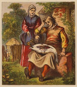 Æsops fabler: Gåsen og de gyldne æg (farve litho) af English School