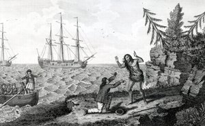 Påvirkende interview af to Mokito-mænd, illustration taget fra Moores Voyages and Travels, 1778 af English School