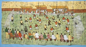 Afrikansk batik, der illustrerer en fodboldkamp med folkemængder, der ser på tribunerne (tekstil) af English School