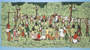 Afrikansk batik, illustration og fodboldkamp med tilskuere (tekstil)