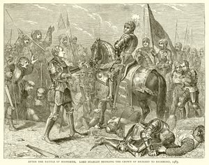 Efter slaget ved Bosworth. Lord Stanley bragte Richards krone til Richmond, 1483 af English School