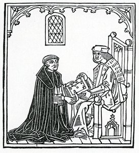 Alexander Barclay præsenterer sin bog for sin protektor Thomas Cornish, frontispice til den engelske oversættelse af 