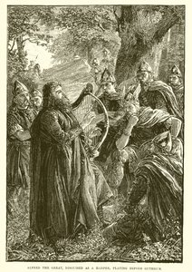 Alfred den Store, forklædt som en harper, spiller foran Guthrum af English School