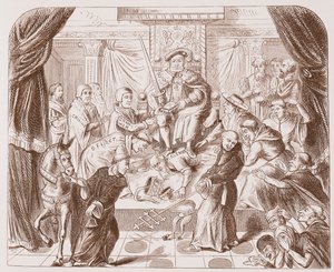 Allegorisk billede af Henrik VIII, der tramper på pave Clement, fra et gammelt tryk i British Museum af English School