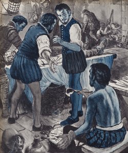 Ambroise Pare, militærkirurg, da olien løb tør (litho) af English School