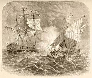 Et amerikansk flådeskib fanger et algerisk piratskib ud for Barbarykysten under den første barbariske krig (litho) af English School