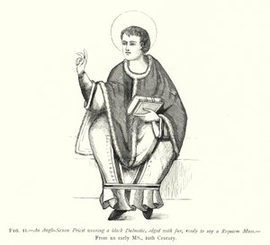 En angelsaksisk præst iført en sort Dalmatic, kantet med pels, klar til at sige en Requiem-messe (gravering) af English School