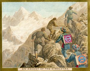 Ein Aufstieg im Himalaya, eine Werbekarte für Huntley & Palmers Biscuits, ca. 1890 von English School