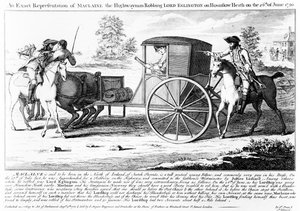 En nøjagtig gengivelse af Maclaine the Highwayman, der røver Lord Eglington på Hounslow Heath den 26. juni 1750, tryk lavet af Charles Mosley, 1750 af English School