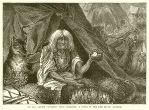 An Old Squaw Pounding Wild Cherries: En scene i Red River Country af English School