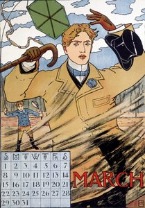 En elegant mand, der kæmper med vinden - engelsk kalenderbillede, marts, slutningen af det 19. århundrede af English School
