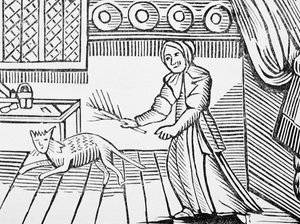 En gammel kvinde, der pisker sin kat for at fange mus på en søndag, fra en samling af chapbooks om esoterica, c14th-c17th af English School