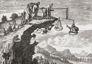 En usædvanlig metode til at afpresse tilståelser fra kriminelle, efter en tegning fra det 16. århundrede af Theodorus de Bry. Scenen viser forbryderen sidde i uretfærdighedens vægt, mens en præst læner sig over afgrunden klar til at modtage sin tilståelse. af English School