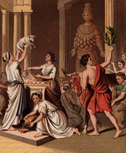 Gamle grækere med deres dyr ved et tempel (chromolitho) af English School