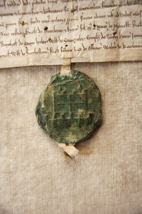 Gammelt segl med et billede af originalt slot, lavet til William de Albini IV, ca. 1267 (papir og voks) af English School