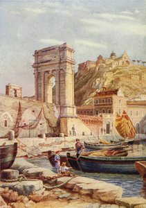 Trajans bue og havnen i Ancona, Italien (farve litho) af English School