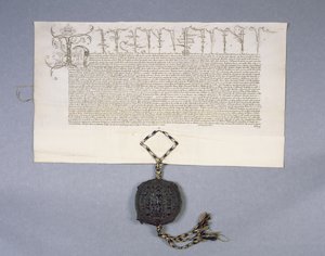 Arkiv 11980: Charteroptagelsesbevilling af kong Henry VI til New College Oxford af godserne i Newton Longville, 1441 (blæk på pergament) af English School